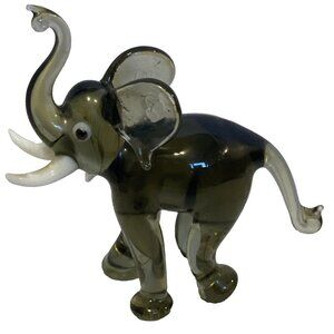 ELEPHANT Blown Art Glass Figurine - 4 tall Gray - Trunk Up Good Luck